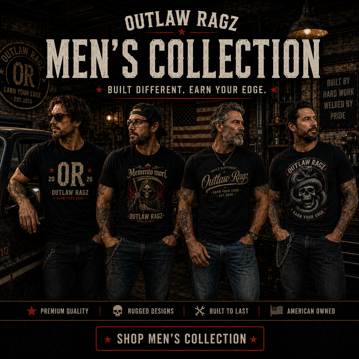 Outlaw Ragz men's collection featuring premium graphic tees, hats, and apparel inspired by grit, freedom, hard work, and the Earn Your Edge mindset.