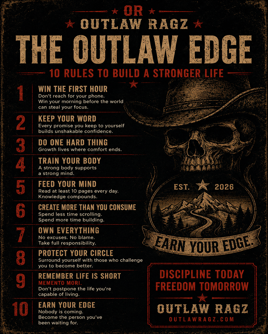 The Outlaw Edge: 10 Rules to Build a Stronger Life – free discipline and mindset guide from Outlaw Ragz featuring practical habits for confidence, resilience, and personal growth.
