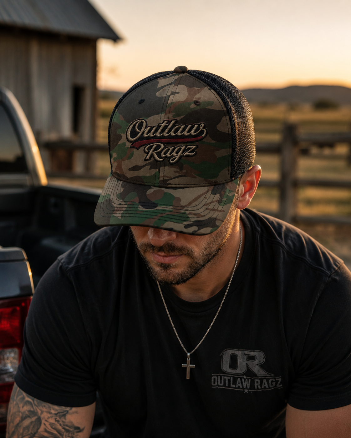 Outlaw Ragz Camo Script Trucker Hat | Premium Snapback Cap