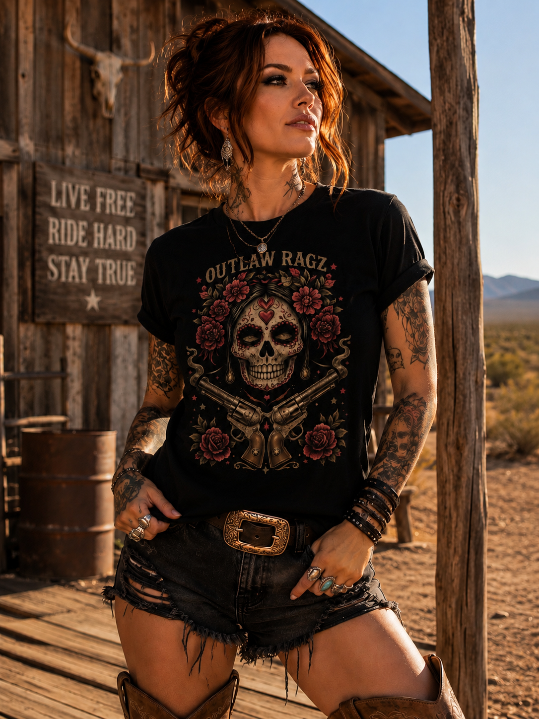 Outlaw Ragz Sugar Skull Rose | Women's Graphic T-Shirt