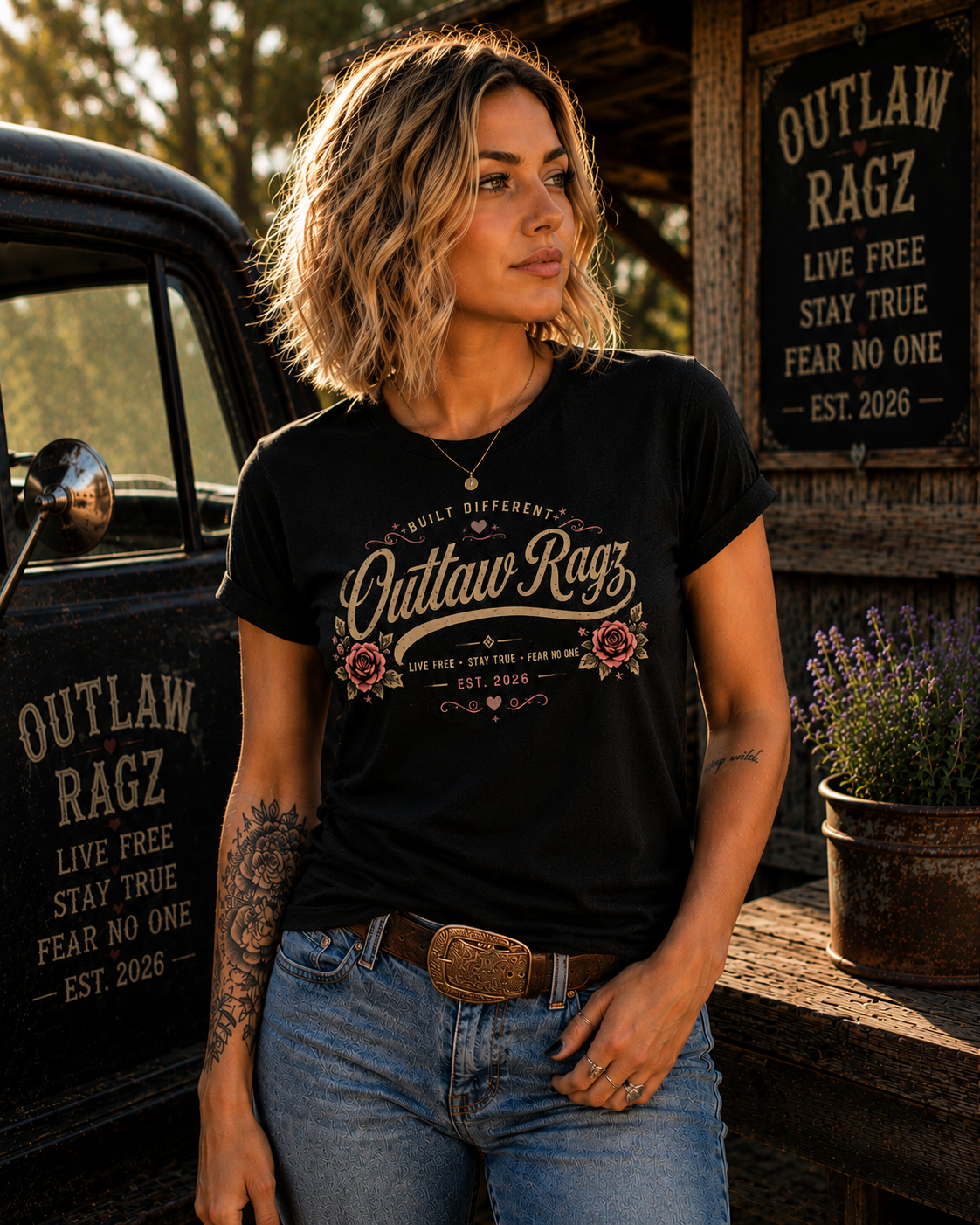 Outlaw Ragz Rose Script | Built Different Women's T-Shirt