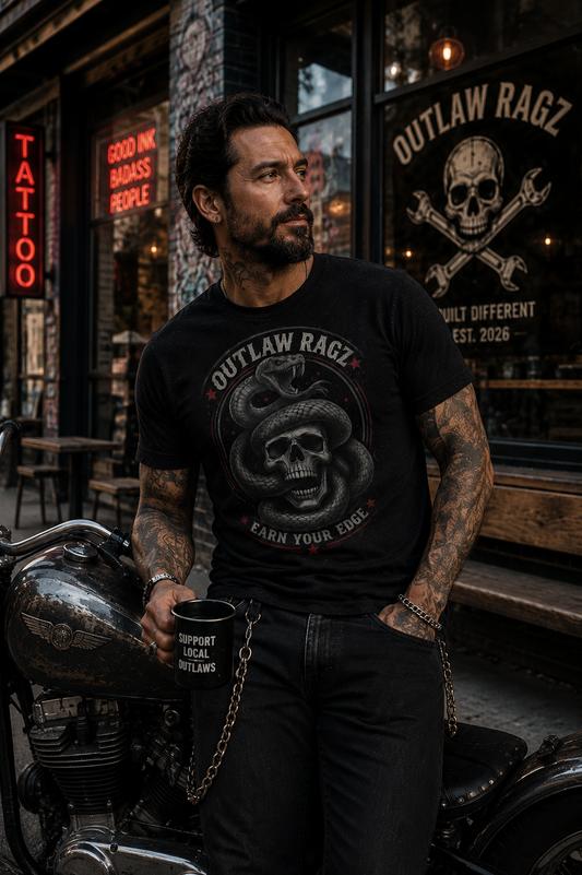 Outlaw Ragz Earn Your Edge Snake Skull Tee | Premium Men's Graphic T-Shirt