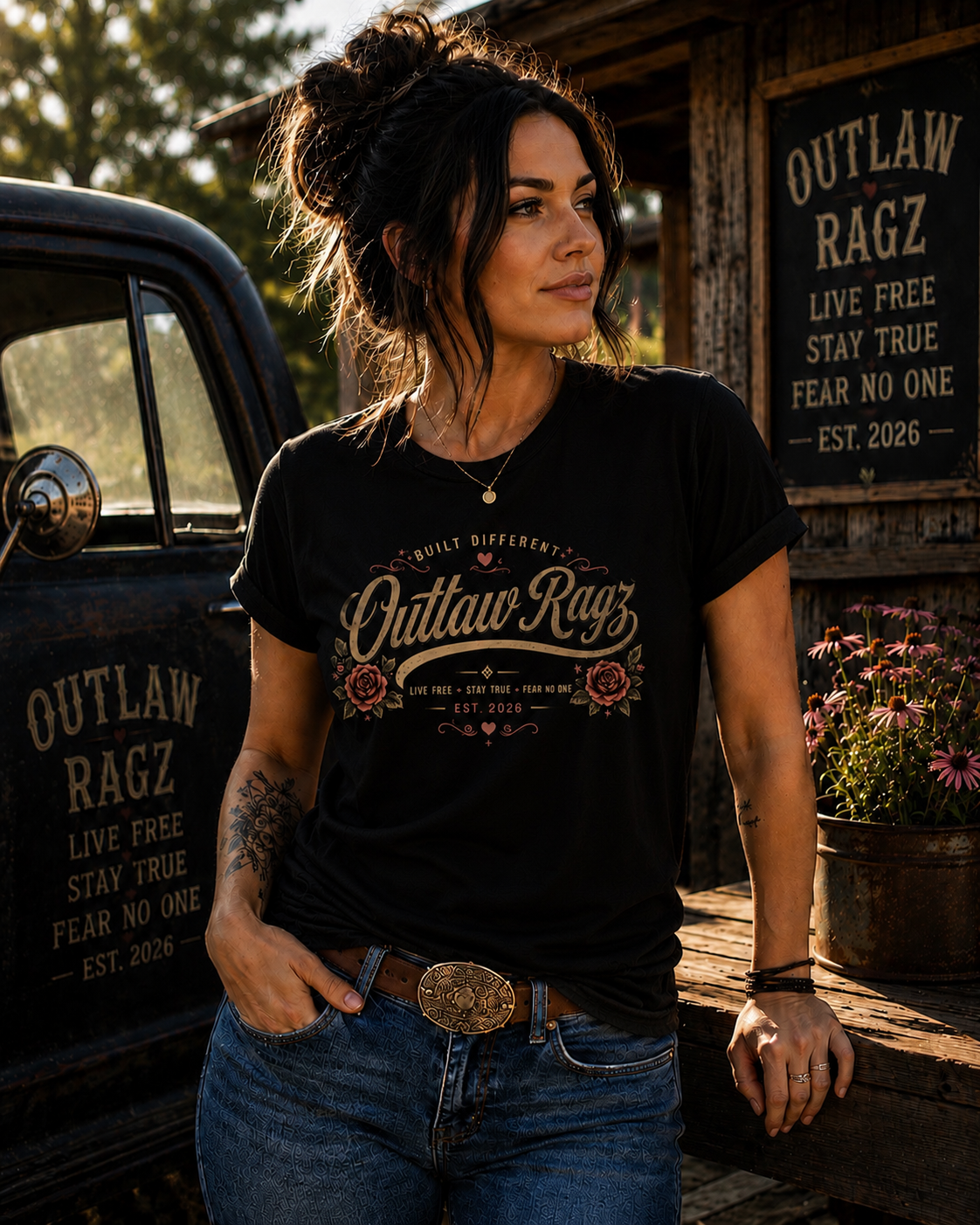 Outlaw Ragz Rose Script | Built Different Women's T-Shirt