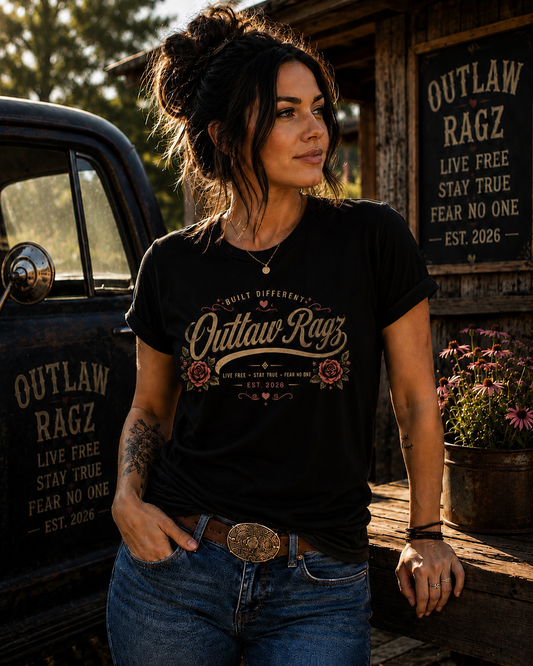 Outlaw Ragz Rose Script | Built Different Women's T-Shirt