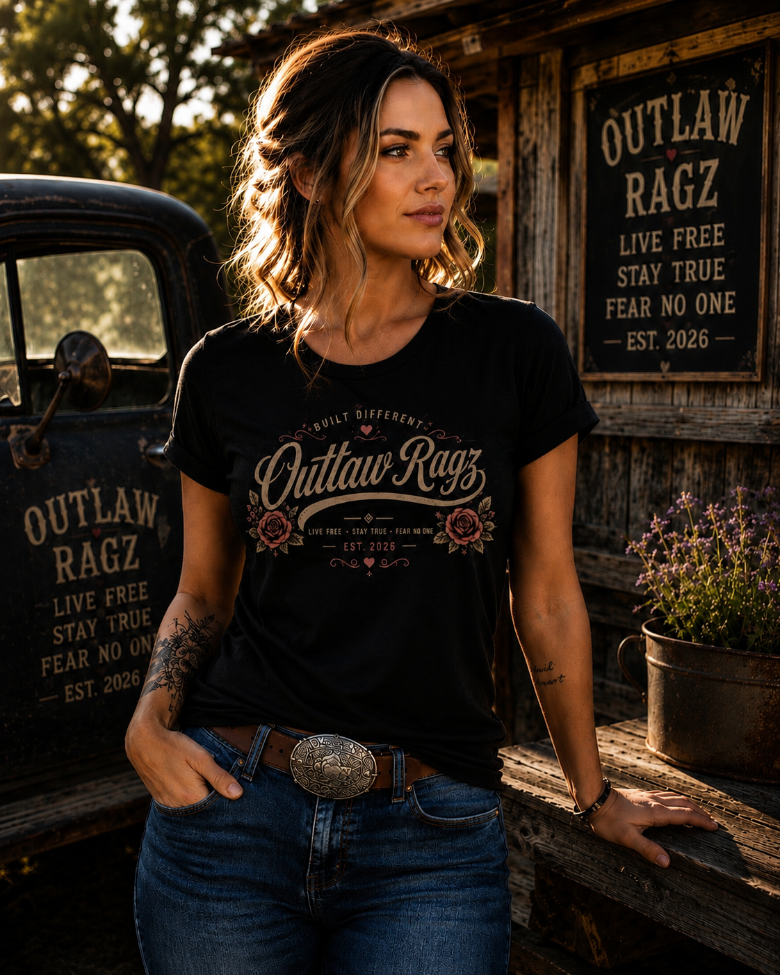 Outlaw Ragz Rose Script | Built Different Women's T-Shirt