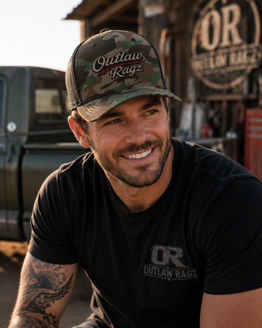 Outlaw Ragz Camo Script Trucker Hat | Premium Snapback Cap
