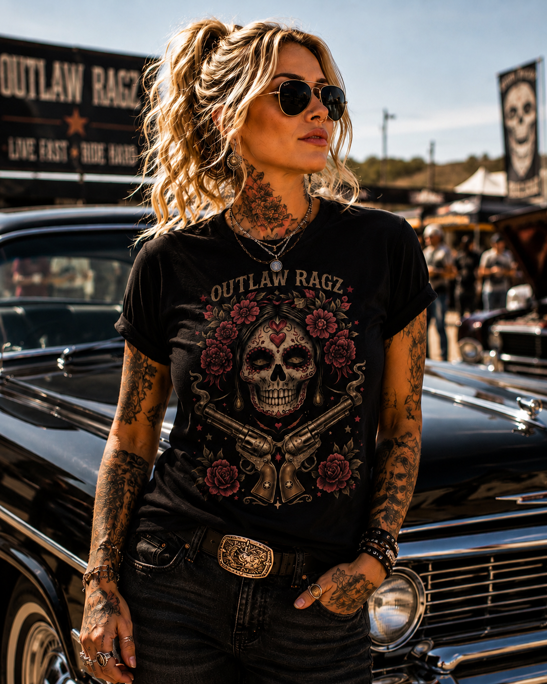 Outlaw Ragz Sugar Skull Rose | Women's Graphic T-Shirt