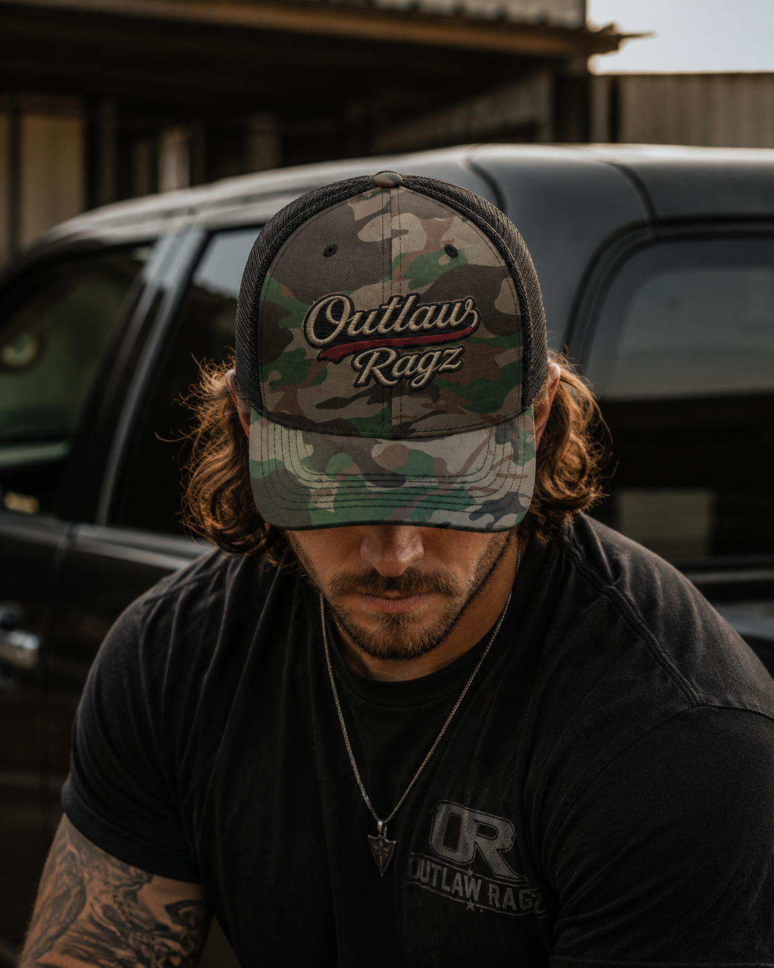 Outlaw Ragz Camo Script Trucker Hat | Premium Snapback Cap