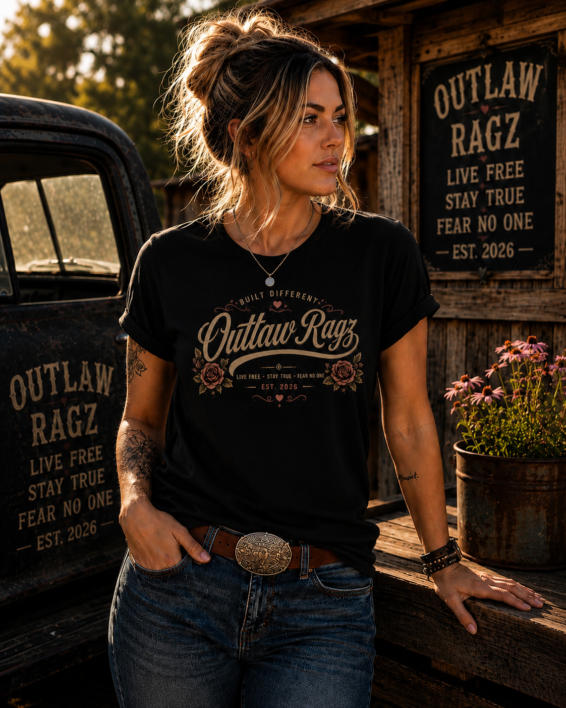 Outlaw Ragz Rose Script | Built Different Women's T-Shirt