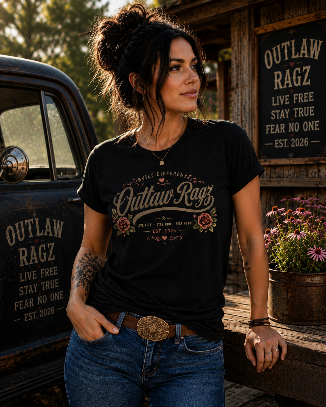 Outlaw Ragz Rose Script | Built Different Women's T-Shirt