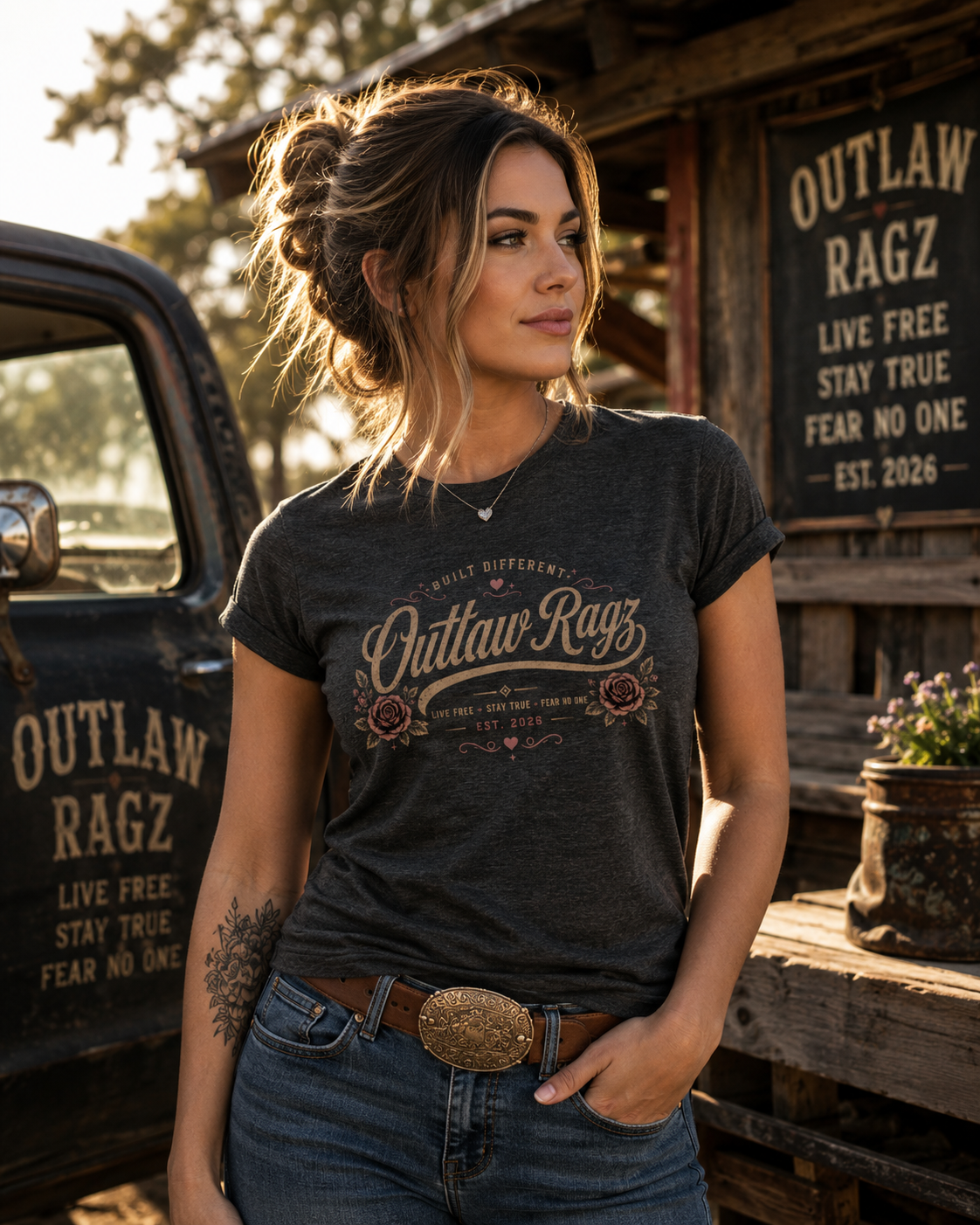 Outlaw Ragz Rose Script | Built Different Women's T-Shirt