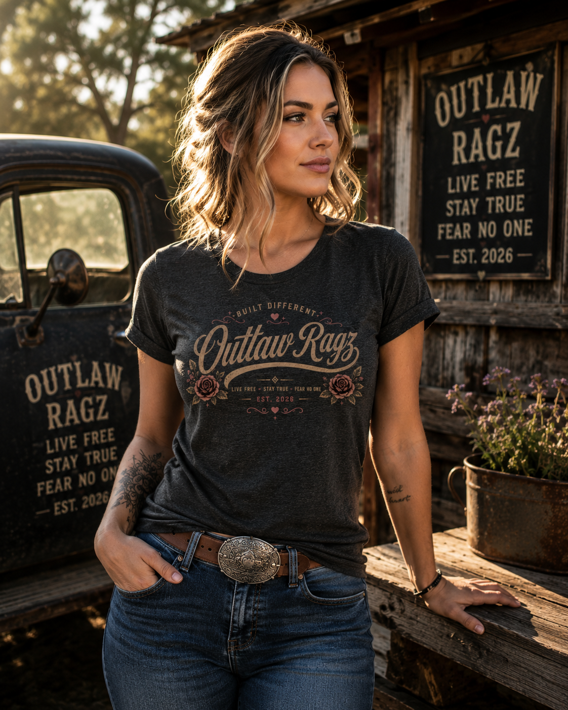Outlaw Ragz Rose Script | Built Different Women's T-Shirt