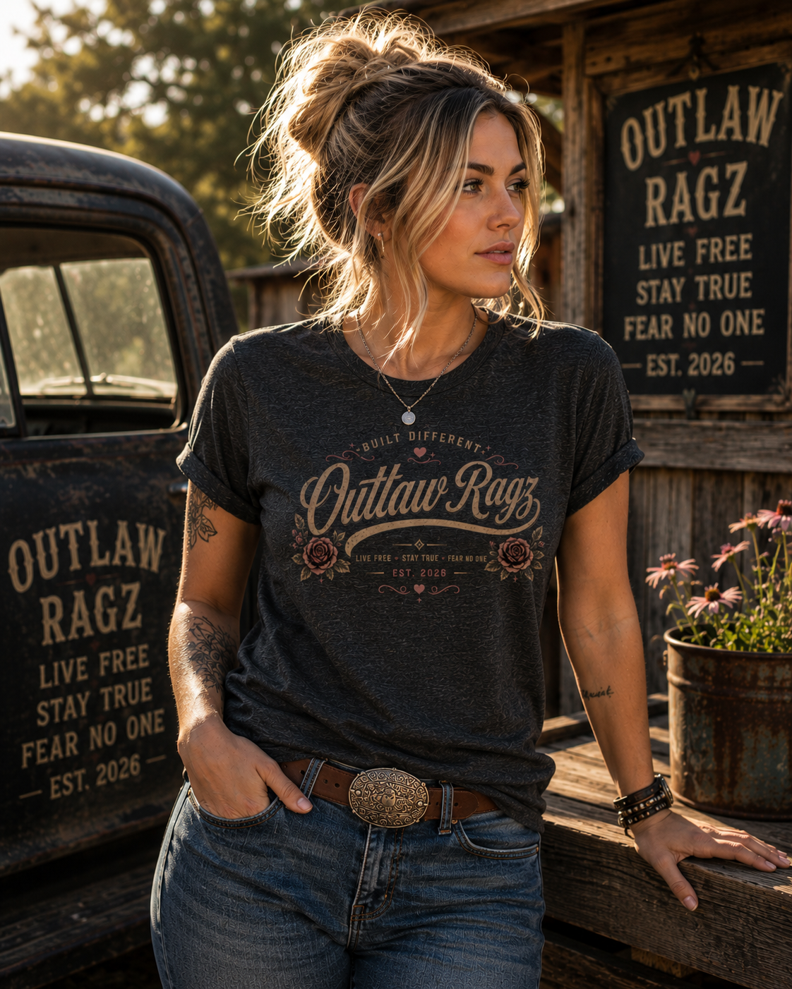Outlaw Ragz Rose Script | Built Different Women's T-Shirt