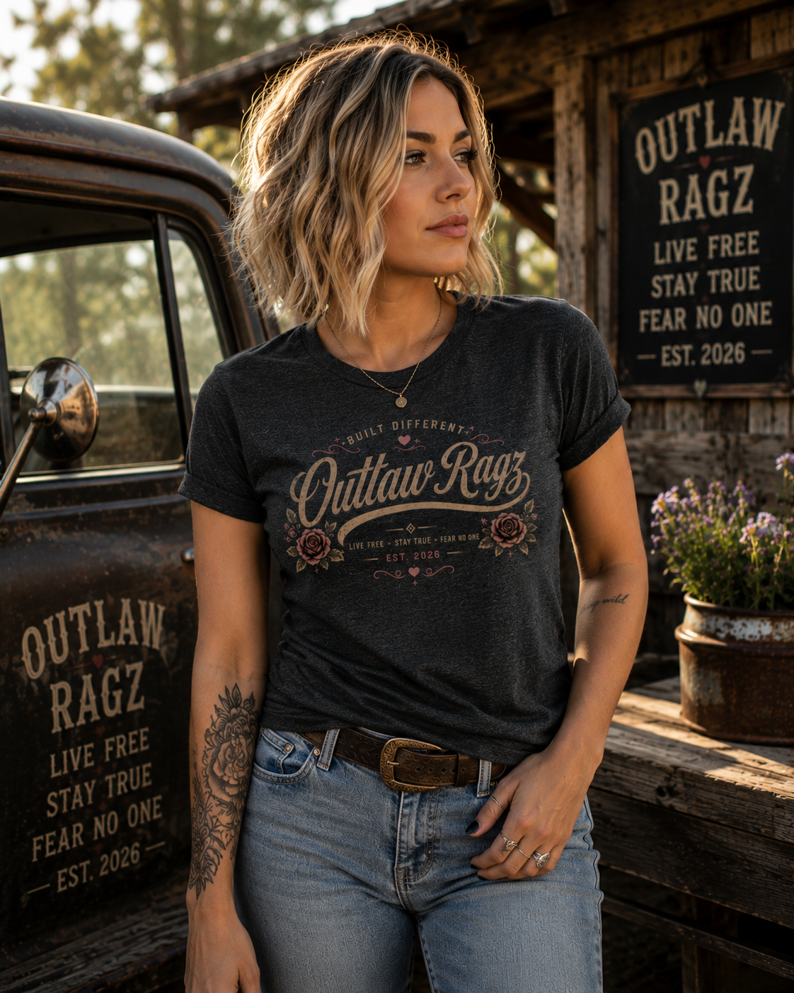 Outlaw Ragz Rose Script | Built Different Women's T-Shirt