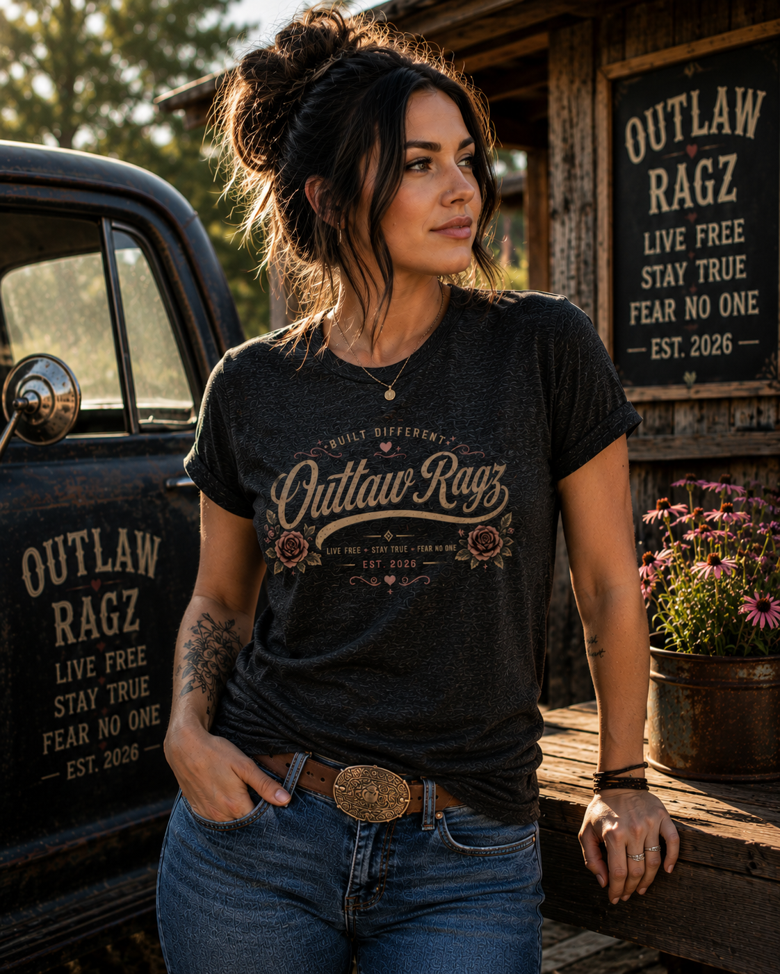 Outlaw Ragz Rose Script | Built Different Women's T-Shirt