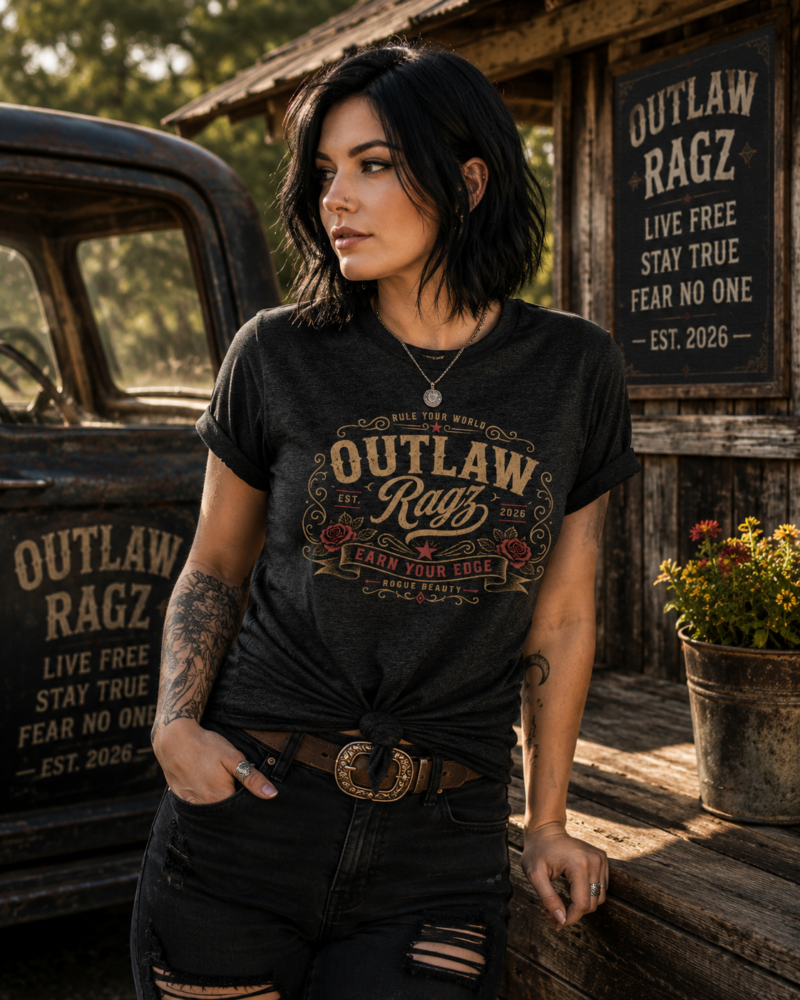 Outlaw Ragz Rogue Beauty | Earn Your Edge Women's T-Shirt