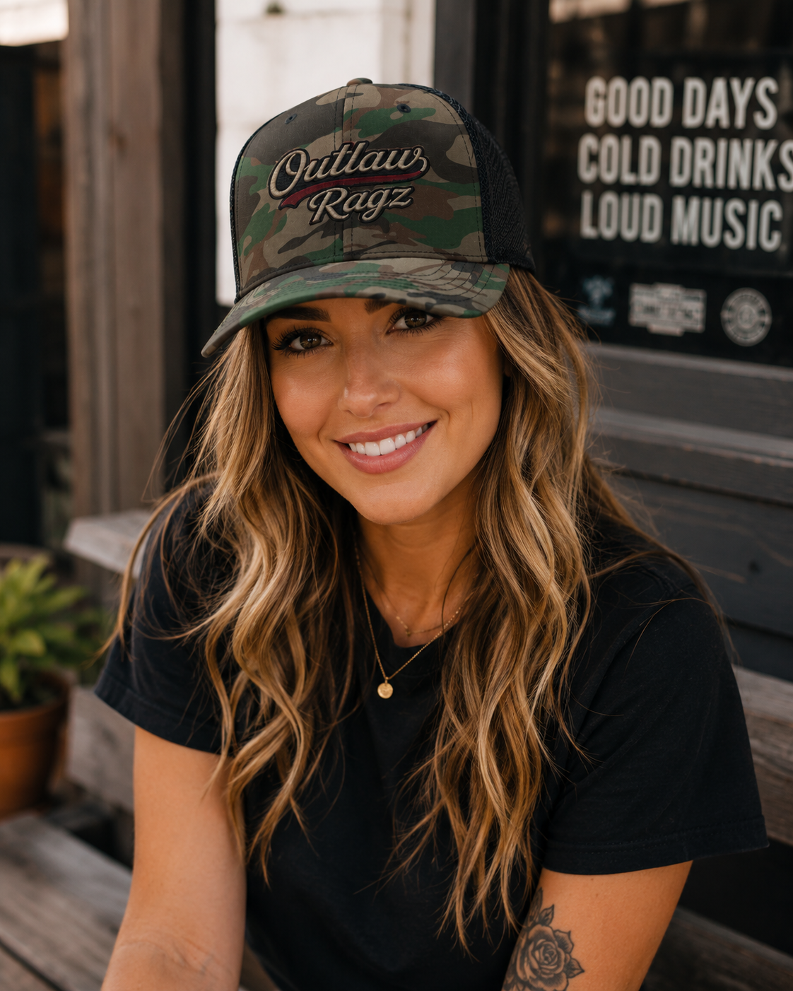 Outlaw Ragz Camo Script Trucker Hat | Premium Snapback Cap
